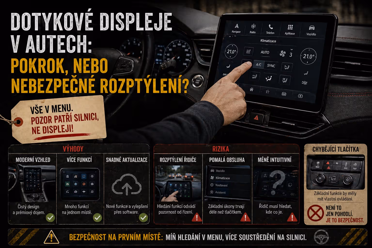 Bezpečnost: Dotykové displeje v autech: pokrok, nebo nebezpečné rozptýlení?