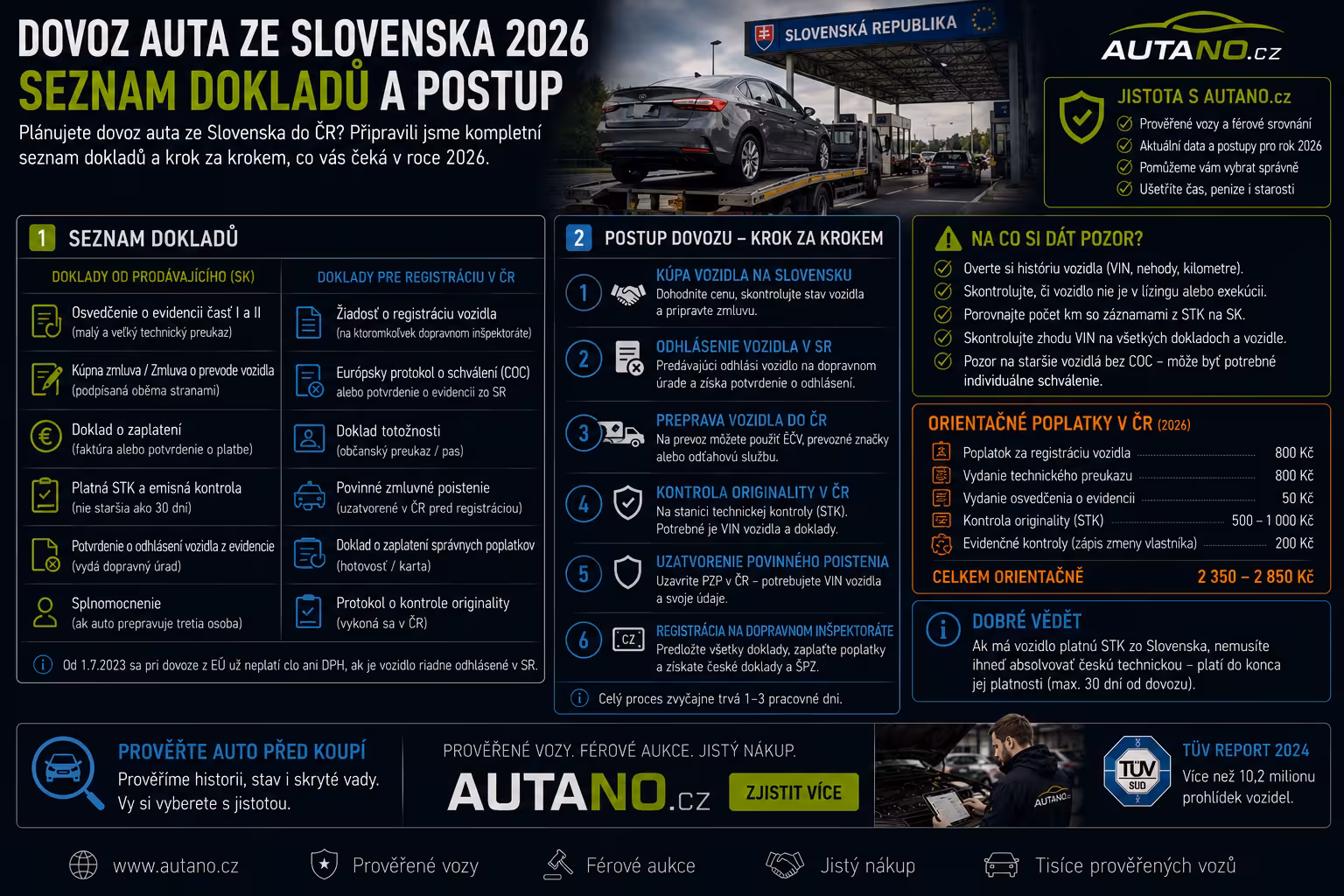 Převoz auta ze Slovenska do ČR 2026: Kompletní seznam dokumentů a postup