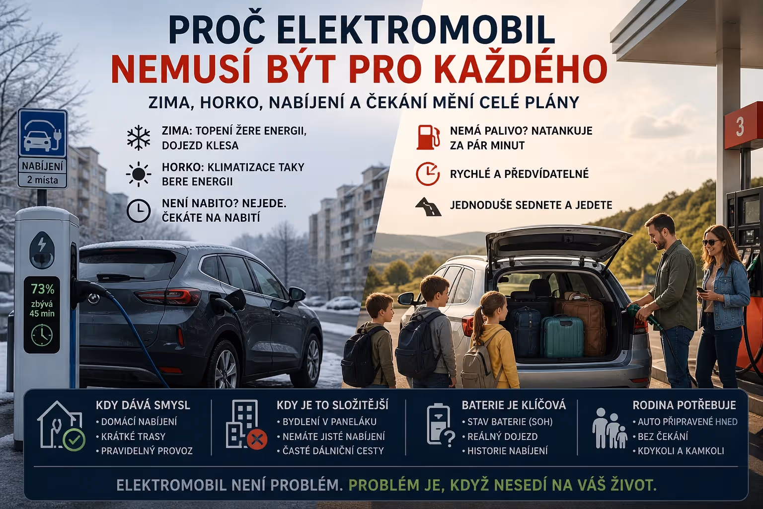 Proč elektromobil nemusí být pro každou rodinu: zima, horko, nabíjení a čekání mění celé plány