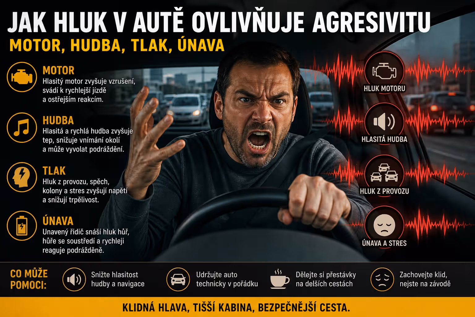 Jak hluk v autě ovlivňuje agresivitu: motor, hudba, tlak a únava