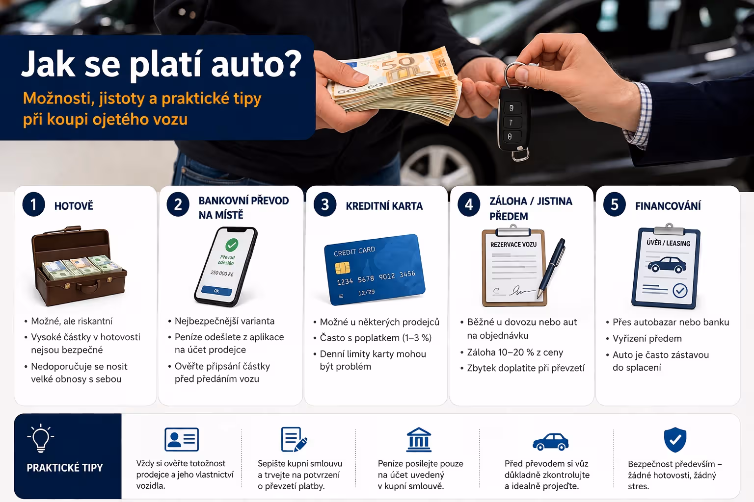 Jak se platí auto: hotově, převodem, kartou, nebo zálohou předem?