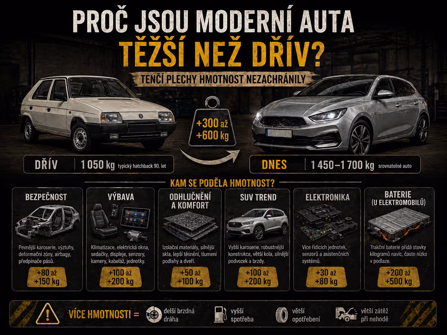 Proč jsou moderní auta těžší než dřív? Tenčí plechy hmotnost nezachránily