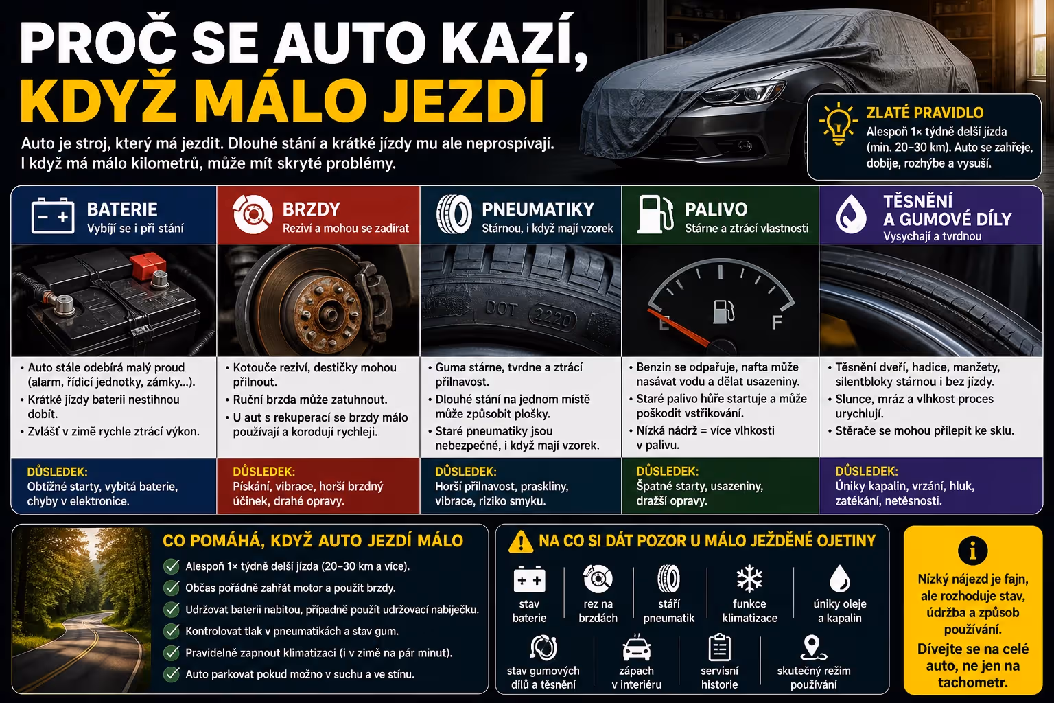 Málo jeté auto: Proč se kazí i málo jeté auto: stání, brzdy, olej a autobaterie