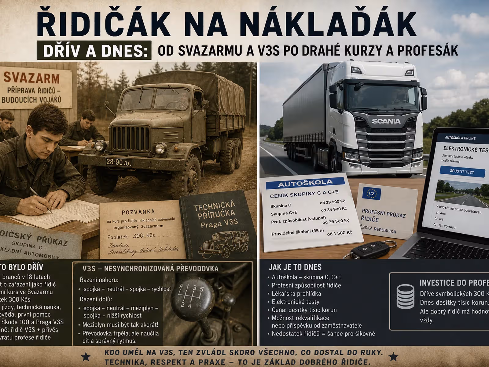 Řidičák na náklaďák dřív a dnes: od Svazarmu a vojenské V3S po drahé kurzy a profesák