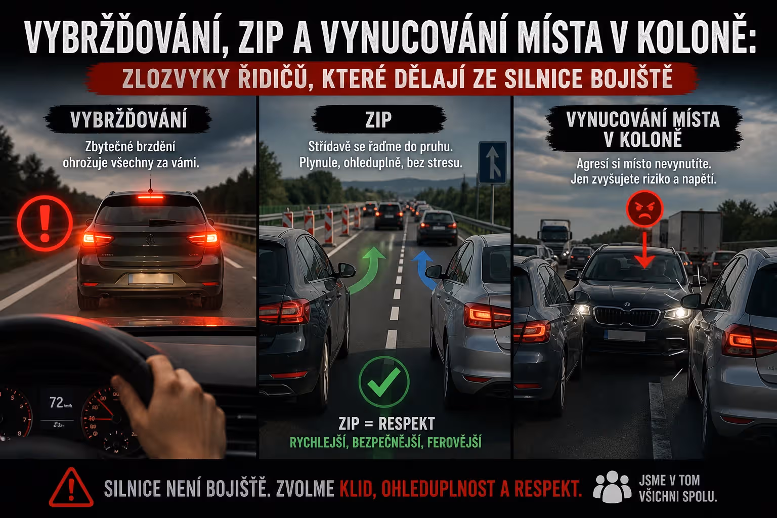 Bezpečnost: Vybržďování, zip a kolony: zlozvyky, které ničí klid na silnici